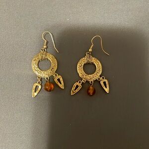 Antique gold tone and orange bead hook earrings